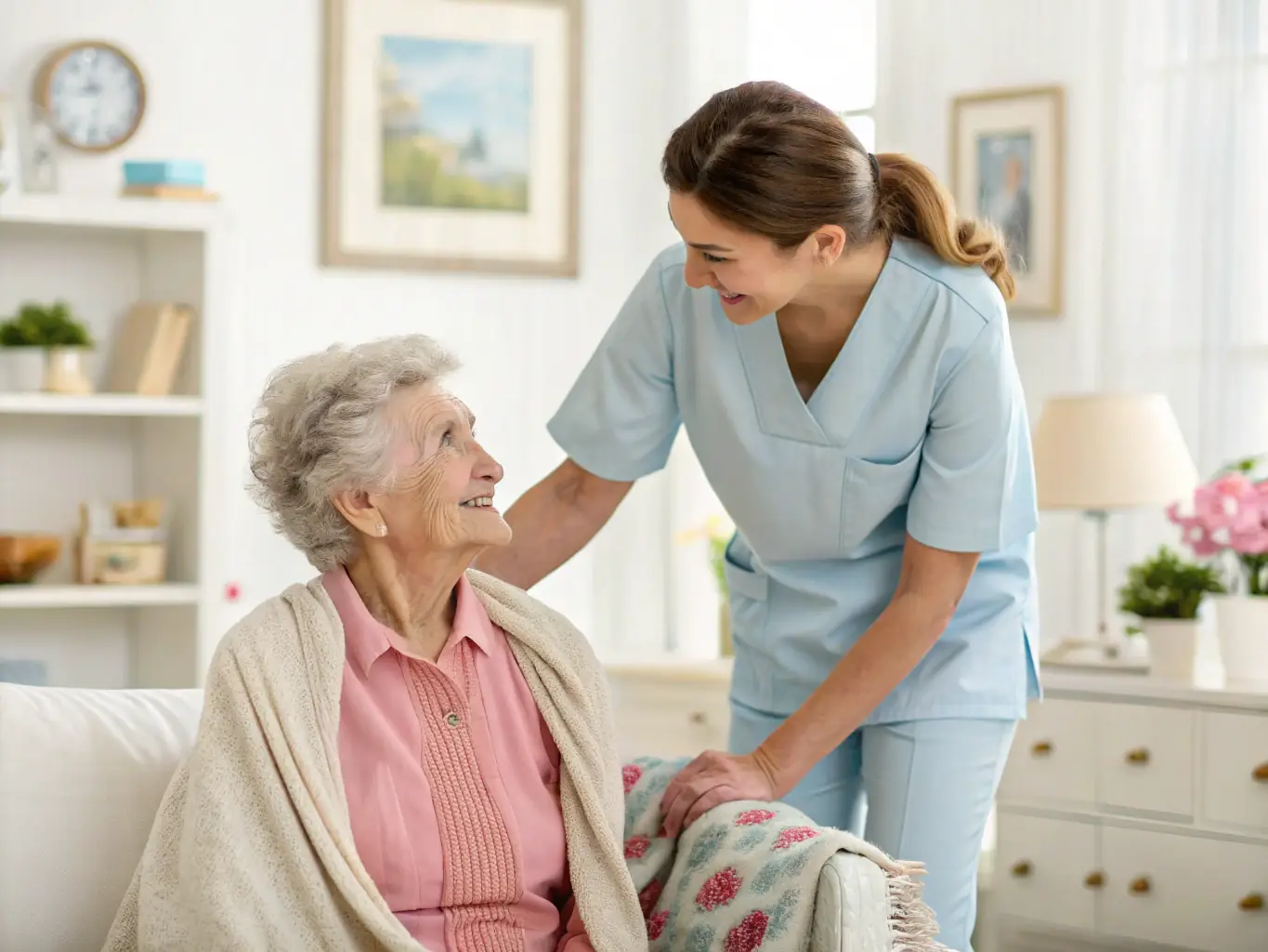 Cleaning staff disinfecting common areas in an aged care home with gentle, effective products, ensuring the safety and comfort of elderly residents.