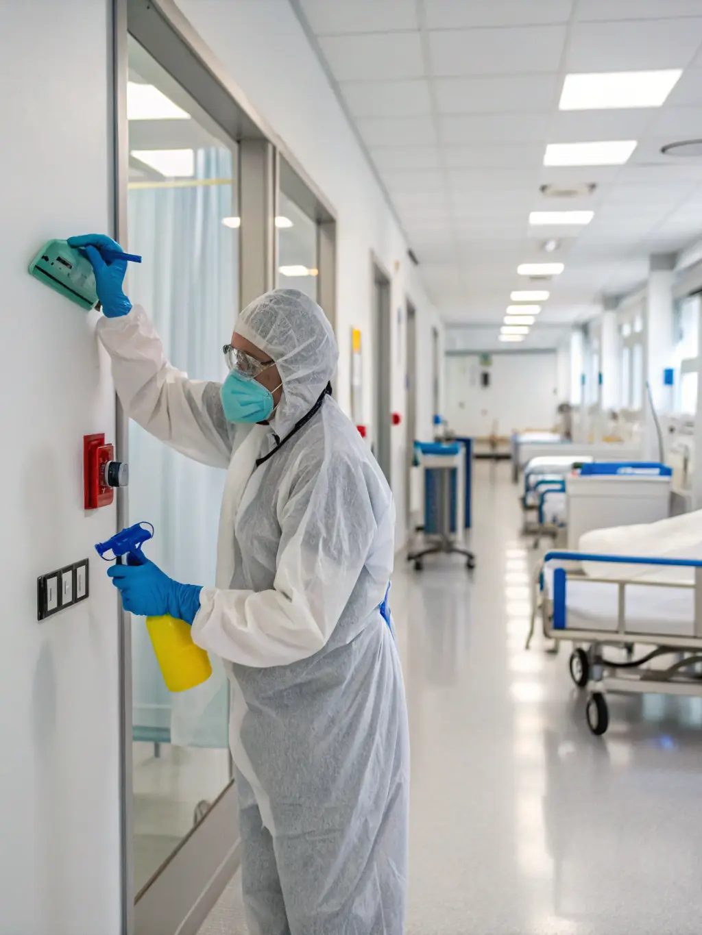 A close-up shot of a JSC cleaning staff member carefully sanitizing a high-touch surface in a public facility, emphasizing the company's dedication to hygiene and safety.