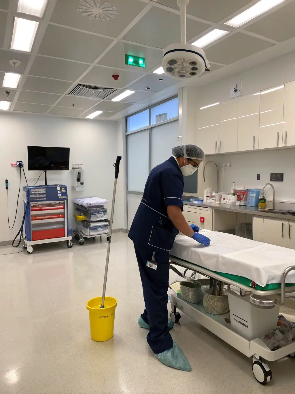 A brightly lit, impeccably clean hospital corridor with staff in scrubs walking by, showcasing a sterile and safe environment maintained by JSC's cleaning services.