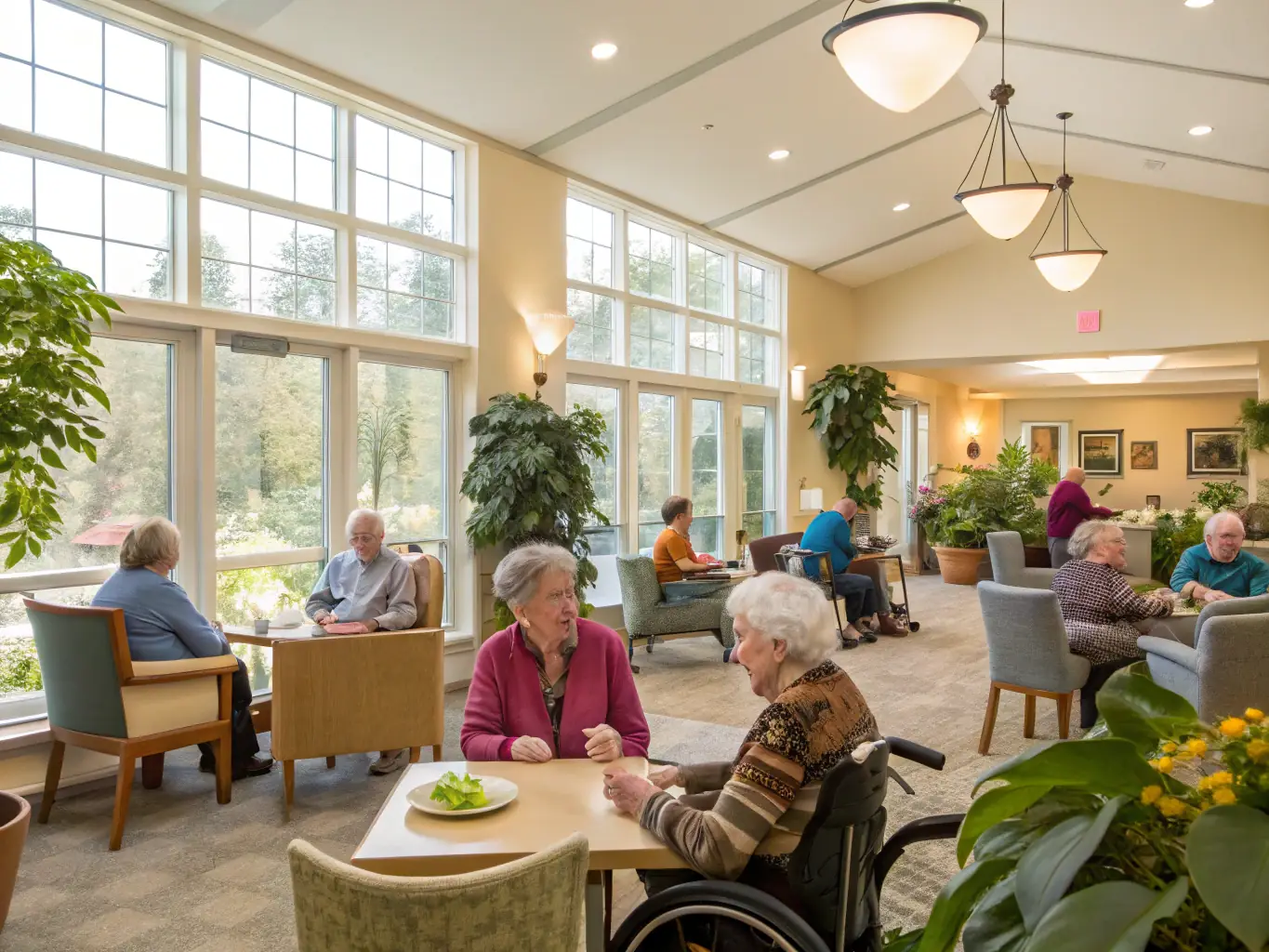 A sunny and cheerful common area in an aged care facility, with a JSC cleaning staff member carefully sanitizing surfaces. The atmosphere is warm and inviting.