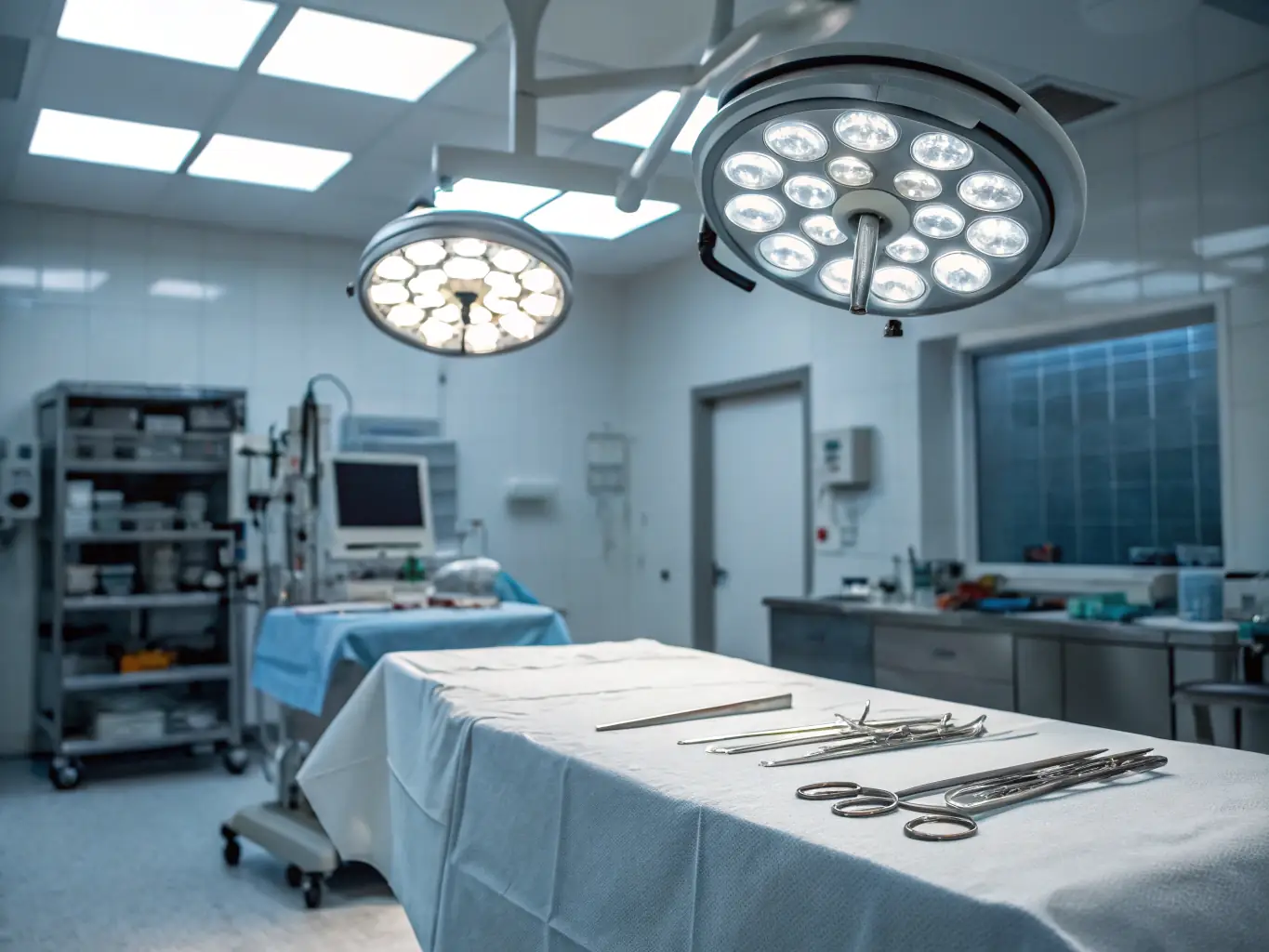 A brightly lit, sterile hospital operating room being meticulously cleaned by a JSC cleaning technician wearing full protective gear. The focus is on hygiene and precision.